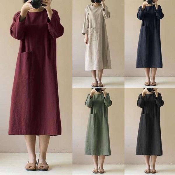 cotton and linen dress medium long artistic retro sleeved japanese large sized womens clothing, Black;gray
cotton and linen dress medium long artistic retro sleeved japanese large sized womens clothing, Black;gray