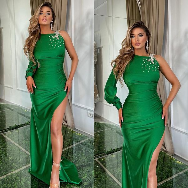 green mermaid prom dresses beads shoulder satin evening dress pleats split formal long special occasion party dress, Black
green mermaid prom dresses beads shoulder satin evening dress pleats split formal long special occasion party dress, Black