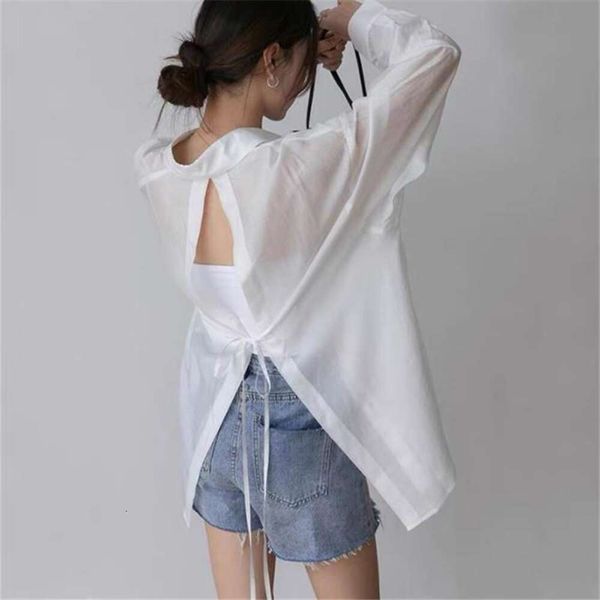 back lace pearl gauze shirt for women design sense niche light familiar versatile mid long sunblock, White
back lace pearl gauze shirt for women design sense niche light familiar versatile mid long sunblock, White