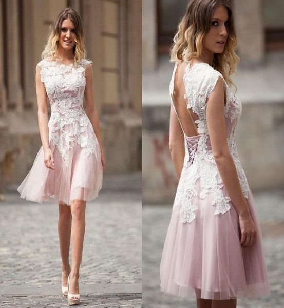 short elegant homecoming dresses with white lace applique light pink jewel short capped evening dresses open back laceup custom p7232302, Blue;pink
short elegant homecoming dresses with white lace applique light pink jewel short capped evening dresses open back laceup custom p7232302, Blue;pink