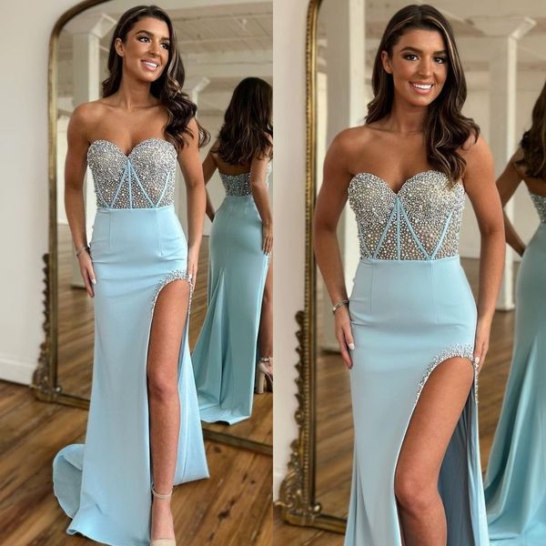 elegant sky blue prom dresses beads sweetheart satin evening dress pleats backless split formal long special occasion party dress, Black
elegant sky blue prom dresses beads sweetheart satin evening dress pleats backless split formal long special occasion party dress, Black