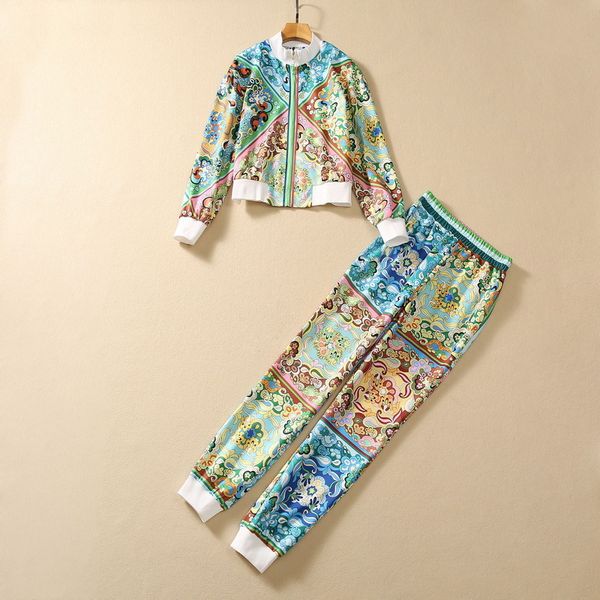 european and american women's clothing 2023 autumn new long-sleeved court print zipper jacket trousers fashion suit, White
european and american women's clothing 2023 autumn new long-sleeved court print zipper jacket trousers fashion suit, White