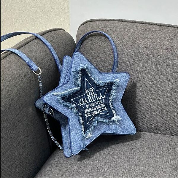 design denim blue pentagram shoulder bag with embroidered letters tassel y2k crossbody bag
design denim blue pentagram shoulder bag with embroidered letters tassel y2k crossbody bag