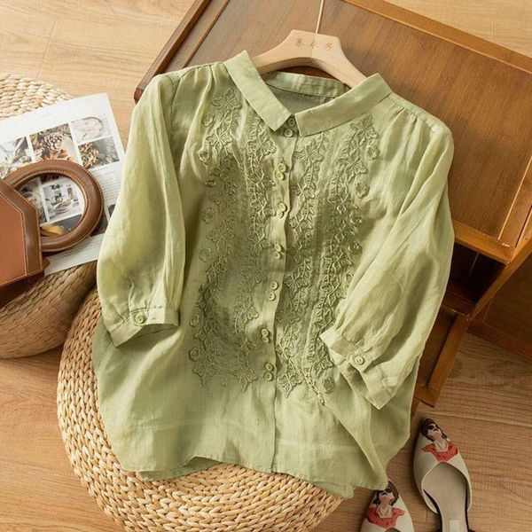 three quarter sleeves embroidered cotton shirt for women artistic retro design loose spring and summer, White
three quarter sleeves embroidered cotton shirt for women artistic retro design loose spring and summer, White
