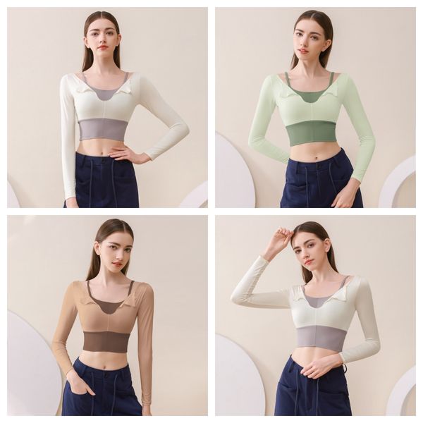 fake two yoga clothes with chest pads, tight-fitting long-sleeved spring new dance sports fitness running ., White;red 
fake two yoga clothes with chest pads, tight-fitting long-sleeved spring new dance sports fitness running ., White;red