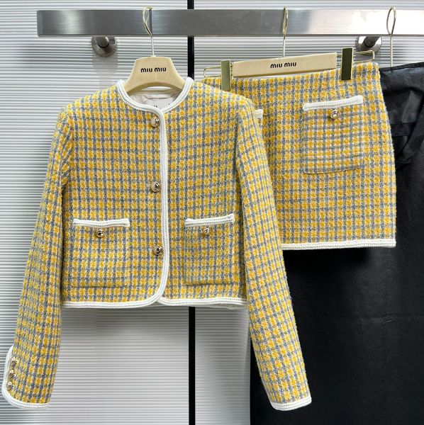 two piece skirt set handmade yellow plaid tweed blend and mini skirt set, White
two piece skirt set handmade yellow plaid tweed blend and mini skirt set, White