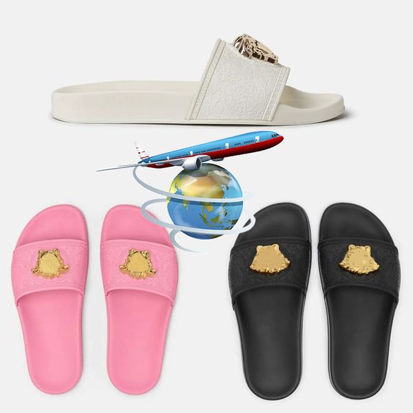 2023 new with box dust bag luxury designer slide slippers summer sandals men beach indoor flat flip flops leather lady women fashion classic, Black