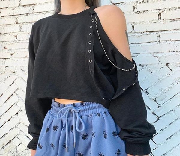 long sleeve vintage punk gothic female tshirts one off shoulder rivet chain hollow out tshirt women cropped chic1465518, White
long sleeve vintage punk gothic female tshirts one off shoulder rivet chain hollow out tshirt women cropped chic1465518, White