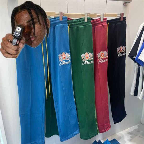 crown embroidery rhude sweatpants men women 1 1 red green patchwork pocket pants rhude trousers, Black 
crown embroidery rhude sweatpants men women 1 1 red green patchwork pocket pants rhude trousers, Black