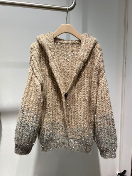 women's knits tees collection autumn winter sequinned hooded mohair cardigan 230809, White