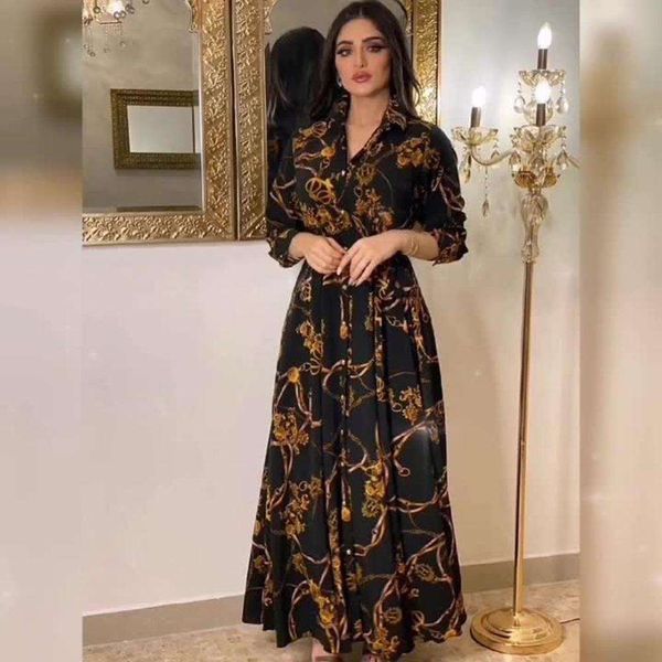 spring and autumn style musilin womens dress middle eastern elegant retract printed robe, Black;gray 
spring and autumn style musilin womens dress middle eastern elegant retract printed robe, Black;gray