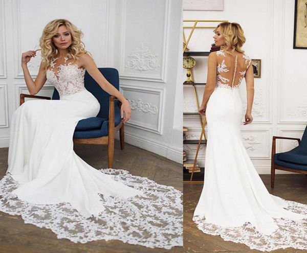 mermaid wedding dresses sheer neck sleeveless illusion bodice appliques lace satin see through back beach wedding dresses bridal d4463015, White
mermaid wedding dresses sheer neck sleeveless illusion bodice appliques lace satin see through back beach wedding dresses bridal d4463015, White