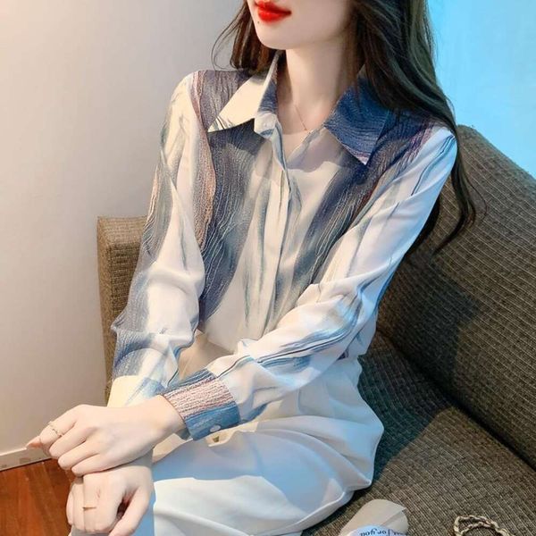 long sleeved shirt spring womens ink wash chiffon with a design sense of niche western style, White
long sleeved shirt spring womens ink wash chiffon with a design sense of niche western style, White
