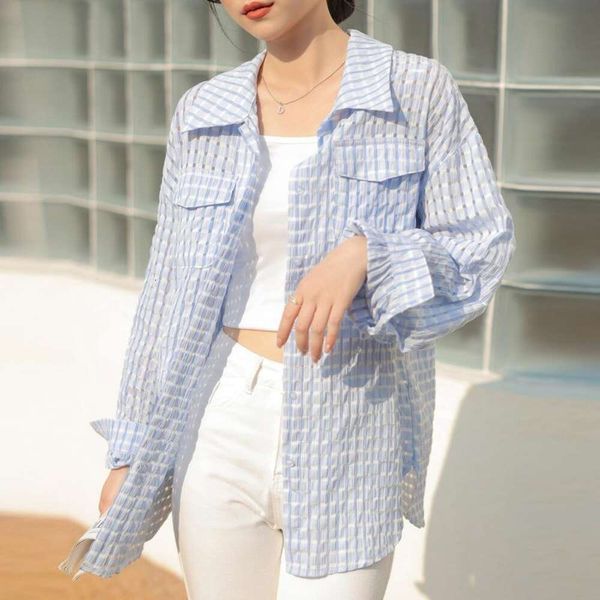 design sense womens blouses hollowed out blue plaid long sleeved shirt for women summer loose lantern sleeve, White
design sense womens blouses hollowed out blue plaid long sleeved shirt for women summer loose lantern sleeve, White