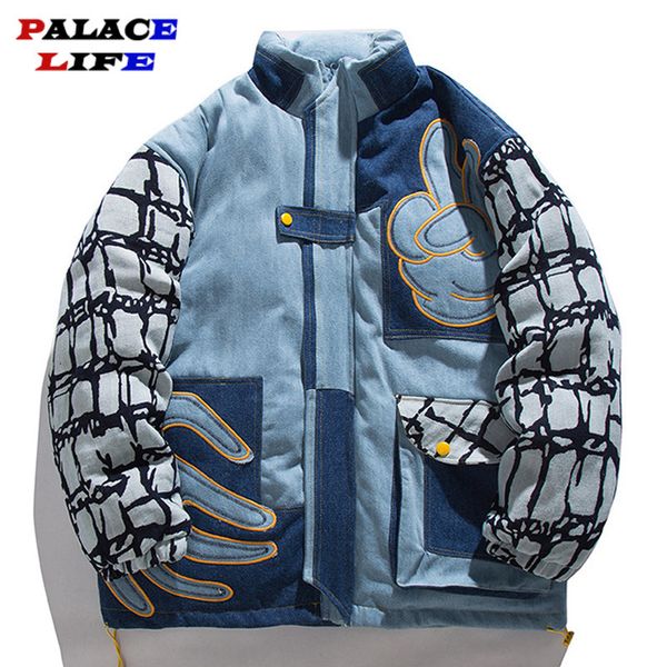 men's down parkas japanese streetwear denim parkas jacket men vintage patchwork embroidery jacket couple winter harajuku cotton outwear, Black
men's down parkas japanese streetwear denim parkas jacket men vintage patchwork embroidery jacket couple winter harajuku cotton outwear, Black