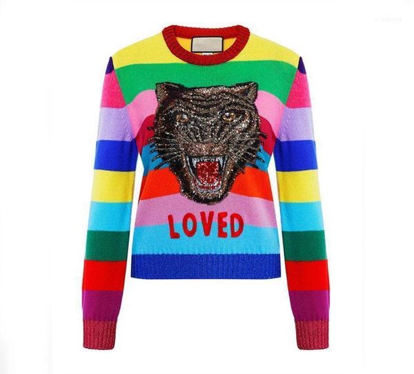 women039s sweaters runway design tiger sequins women sweater 2021 winter long sleeve female rainbow striped knitted pullovers e2122415, White;black
women039s sweaters runway design tiger sequins women sweater 2021 winter long sleeve female rainbow striped knitted pullovers e2122415, White;black