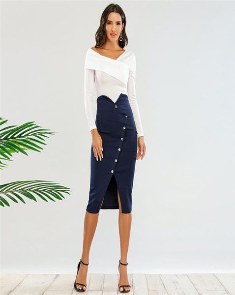 design offshoulder fake twopiece midlength dress long sleeve singlebreasted slit sheath skirt autumn new8771452, White;black
design offshoulder fake twopiece midlength dress long sleeve singlebreasted slit sheath skirt autumn new8771452, White;black