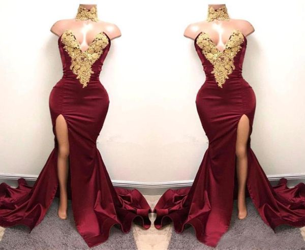 new design 2k19 burgundy prom dresses with gold lace appliqued mermaid front split dresses long party evening wear gowns4721972, Black
new design 2k19 burgundy prom dresses with gold lace appliqued mermaid front split dresses long party evening wear gowns4721972, Black