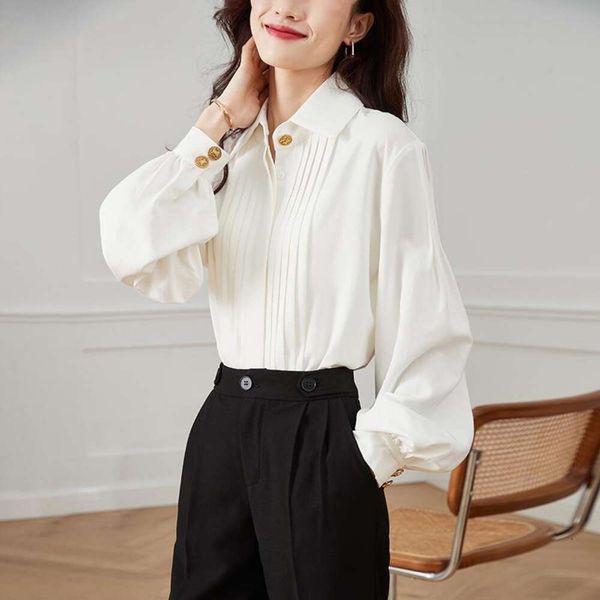 autumn style french pleated white shirt for women design sense niche simple golden silk temperament business wear
autumn style french pleated white shirt for women design sense niche simple golden silk temperament business wear