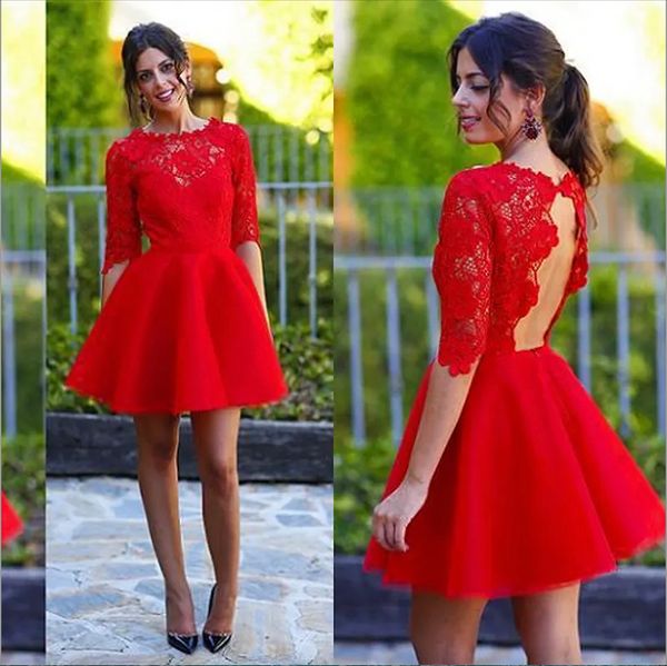 stunning red lace cocktail dresses keyhole open back short party dress illusion crew neck mini prom gowns with half sleeves custom, Black
stunning red lace cocktail dresses keyhole open back short party dress illusion crew neck mini prom gowns with half sleeves custom, Black