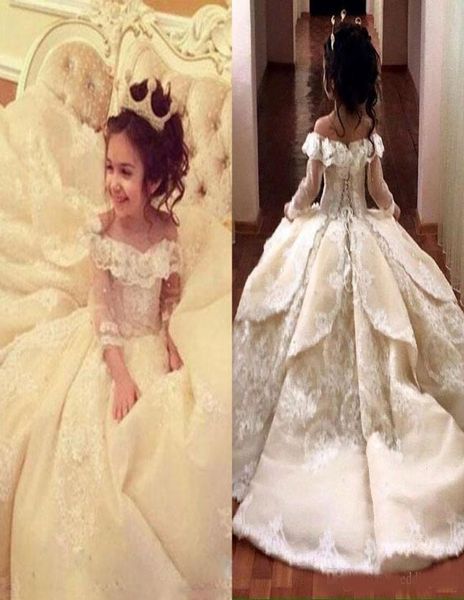 vintage lace appliqued pageant dresses with long sleeves ball gown flower girl dress off shoulder sweep train kid first communion 8947614, White;red 
vintage lace appliqued pageant dresses with long sleeves ball gown flower girl dress off shoulder sweep train kid first communion 8947614, White;red