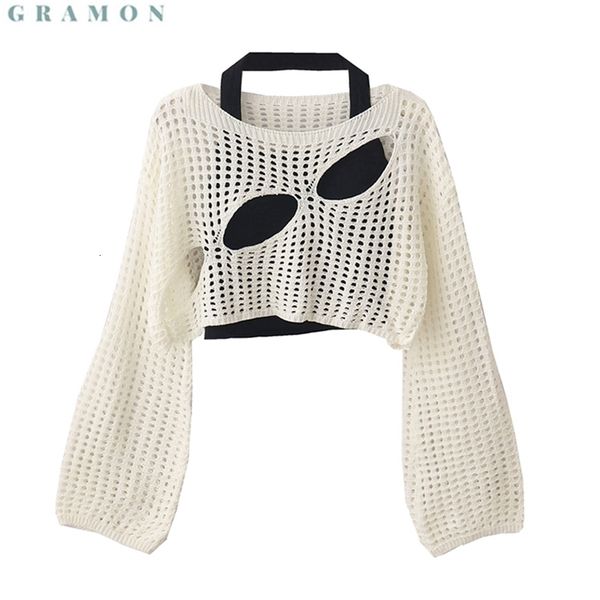 women s sweaters autumn short hollow out white sweater pullover korean vintage fashion y2k streetwear long sleeve loose knitwear 2023 230809, White;black
women s sweaters autumn short hollow out white sweater pullover korean vintage fashion y2k streetwear long sleeve loose knitwear 2023 230809, White;black