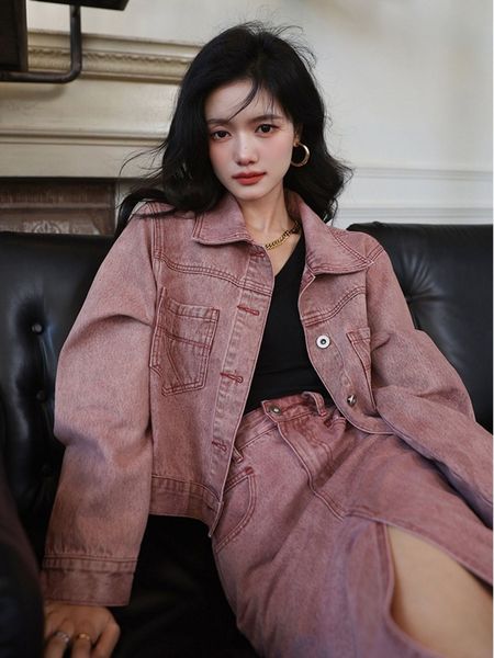womens jackets spring autumn washed distressed pink vintage casual buttonup women denim jacket high waist solid color long skirt mujer 23081, Black;brown
womens jackets spring autumn washed distressed pink vintage casual buttonup women denim jacket high waist solid color long skirt mujer 23081, Black;brown