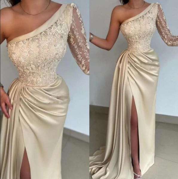 elegant one shoulder satin evening dresses long sleeve lace applique beaded ruched split prom formal party second reception gowns dress bc14, Black;red
elegant one shoulder satin evening dresses long sleeve lace applique beaded ruched split prom formal party second reception gowns dress bc14, Black;red