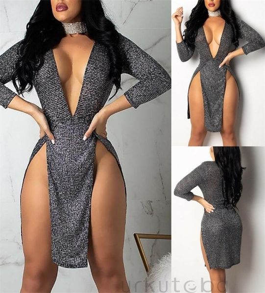 women high side split night clubwear short dress femael long sleeve low cut deep v neck bodycon slim fit party wear dress zbf1850555, Black;gray
women high side split night clubwear short dress femael long sleeve low cut deep v neck bodycon slim fit party wear dress zbf1850555, Black;gray