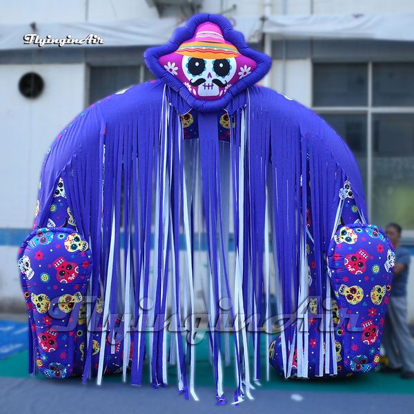 Image of wholesale Horrible Outdoor Halloween Inflatable Skull Arch 5m Blue Airblown Death Archway With Curtain For Entrance Decoration
