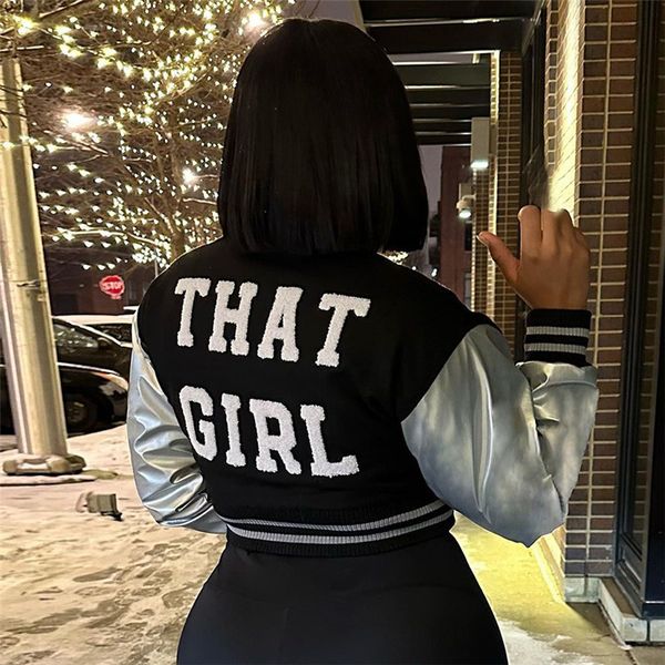 women's jackets metallic long sleeve patchwork varsity baseball jacket back letter embroidery single breasted short coats streetwear 2, Black;brown
women's jackets metallic long sleeve patchwork varsity baseball jacket back letter embroidery single breasted short coats streetwear 2, Black;brown