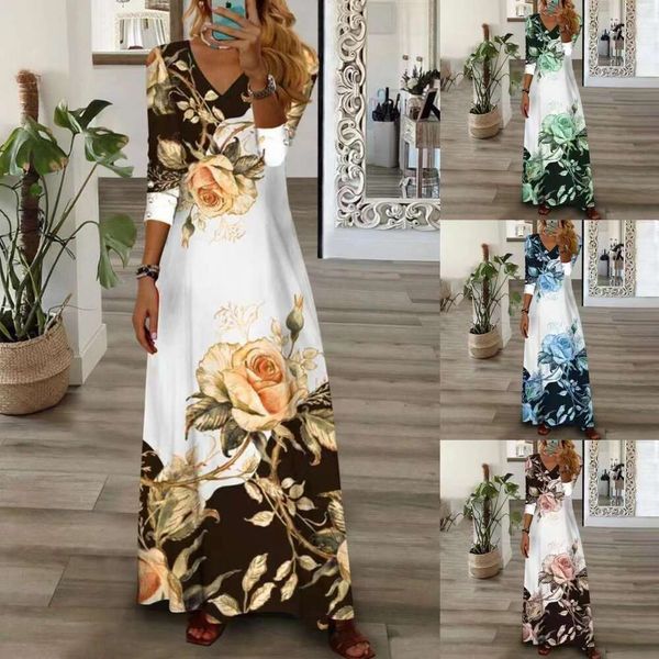 womens clothing trendy print v neck button sleeved long dress, Black;gray