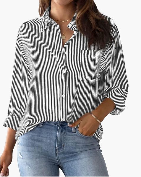 women's blouses spring autumn casual loose stripes shirt single-breasted splicing cardigan lapel pocket blouse female long sleeve, White
women's blouses spring autumn casual loose stripes shirt single-breasted splicing cardigan lapel pocket blouse female long sleeve, White