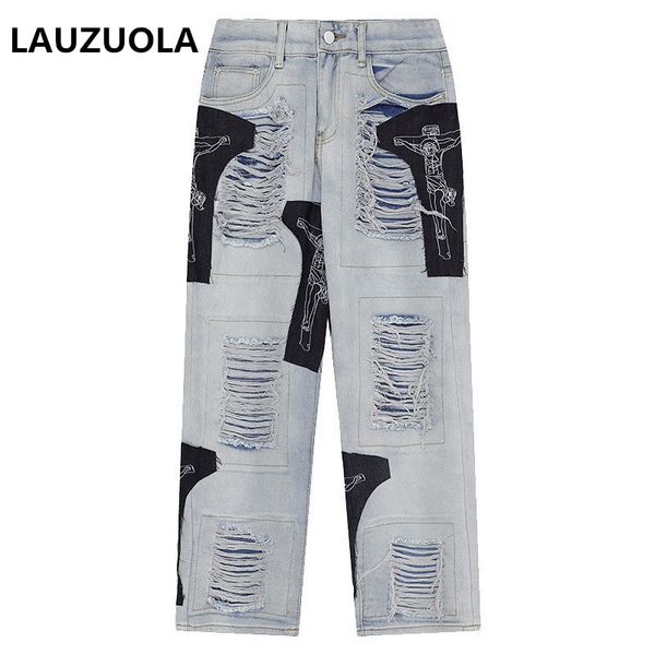 mens pants luxury patchwork black blue hip hop jeans trousers men worn out hole casual denim 230809
mens pants luxury patchwork black blue hip hop jeans trousers men worn out hole casual denim 230809
