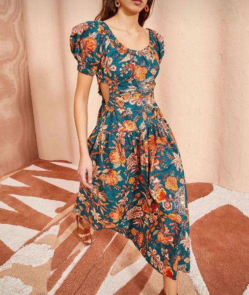 american fashion brand puff sleeve gathered waist floral printed midi dress, Black;gray
american fashion brand puff sleeve gathered waist floral printed midi dress, Black;gray