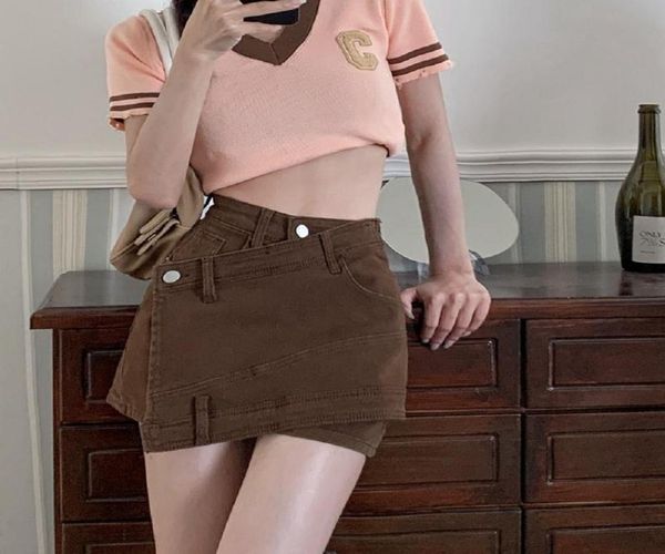 women039s denim mini skirt irregular hem pants skirt01237919946, Black