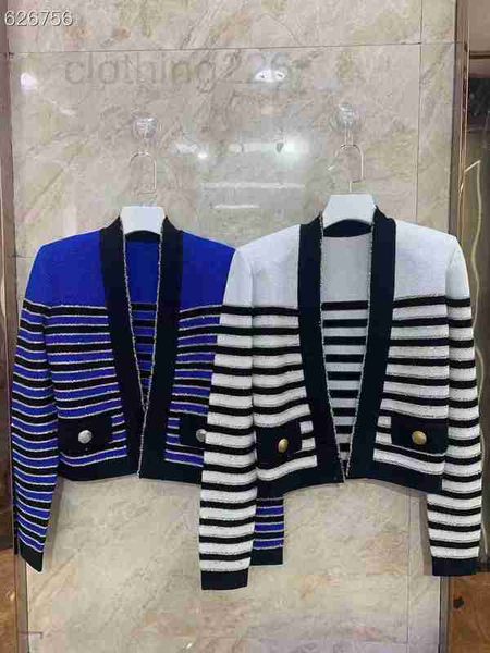 women's knits & tees designer 2023 autumn new advanced design celebrity little fragrant stripe metal button knitted cardigan knit csap, White 
women's knits & tees designer 2023 autumn new advanced design celebrity little fragrant stripe metal button knitted cardigan knit csap, White