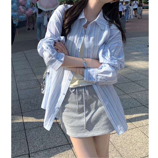 thin shirt for women in summer design loose and lazy long sleeved blue striped casual trend, White
thin shirt for women in summer design loose and lazy long sleeved blue striped casual trend, White
