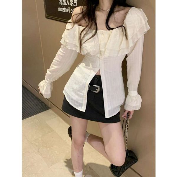jinqian time elf ruffled waist chiffon shirt womens early spring korean off shoulder trend, White
jinqian time elf ruffled waist chiffon shirt womens early spring korean off shoulder trend, White