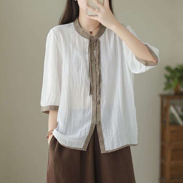 art retro pleated texture hemp shirt women summer thin contrast color stitching mid sleeve trend, White
art retro pleated texture hemp shirt women summer thin contrast color stitching mid sleeve trend, White