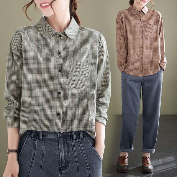 spring cotton checkered long sleeved shirt womens retro artistic loose figure flattering all matching, White
spring cotton checkered long sleeved shirt womens retro artistic loose figure flattering all matching, White