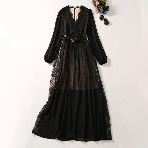 european and american women's clothing 2023 autumn new v-neck long sleeve lace black fashion pleated dress with belt xxl, Black;gray
european and american women's clothing 2023 autumn new v-neck long sleeve lace black fashion pleated dress with belt xxl, Black;gray
