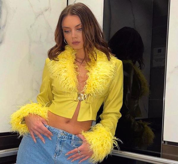 women039s jackets yellow pu leather crop jacket y2k vintage heart button fake fur trim long sleeve outerwear 2000s aesthet2997198, Black;brown
women039s jackets yellow pu leather crop jacket y2k vintage heart button fake fur trim long sleeve outerwear 2000s aesthet2997198, Black;brown