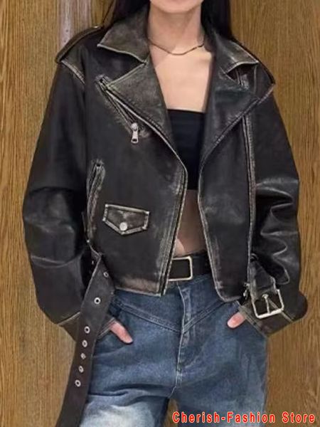 womens jackets spring woman faux leather jacket chic vintage short lapel zipper belt biker coats fashion streetwear mujer 230809, Black;brown
womens jackets spring woman faux leather jacket chic vintage short lapel zipper belt biker coats fashion streetwear mujer 230809, Black;brown