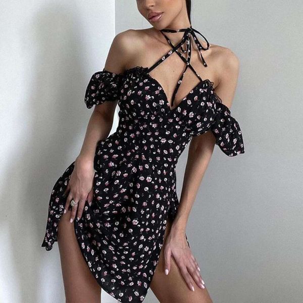 design niche womens clothing floral puff sleeves backless dress cross laced split skirt, Black;gray
design niche womens clothing floral puff sleeves backless dress cross laced split skirt, Black;gray