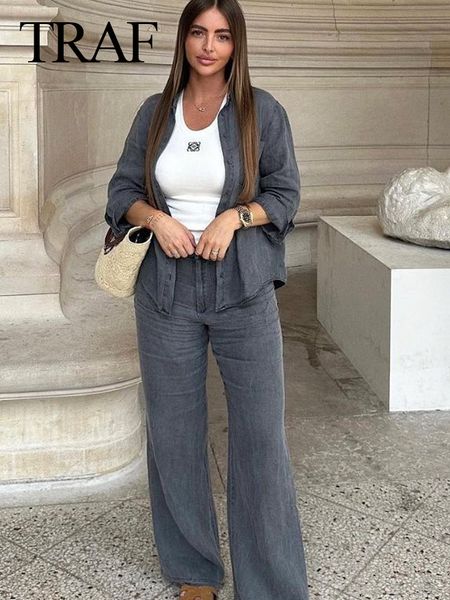 womens two piece pants traf women solid color flax suit vintage vneck button loose shirt high waist pocket design casual long jeans 230810, White
womens two piece pants traf women solid color flax suit vintage vneck button loose shirt high waist pocket design casual long jeans 230810, White
