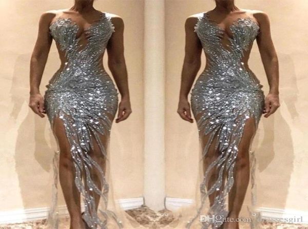 2020 silver sequined mermaid prom dresses front split see through evening gown special occasion party dress bc06211035279, Black
2020 silver sequined mermaid prom dresses front split see through evening gown special occasion party dress bc06211035279, Black