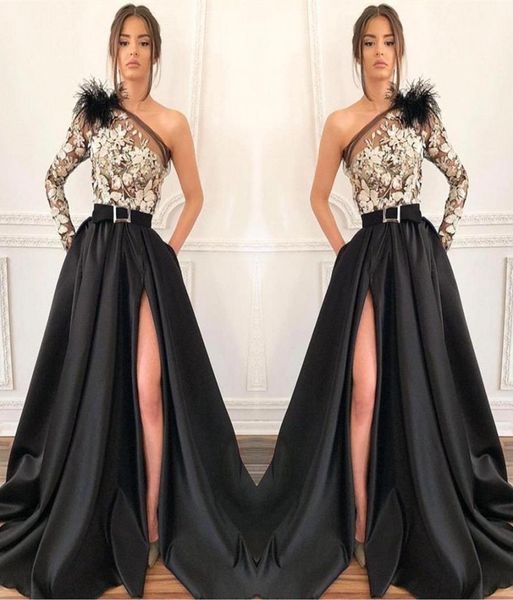 one shoulder satin a line long prom dresses long sleeve lace applique feather split floor length formal party evening dresses bc163138371, Black
one shoulder satin a line long prom dresses long sleeve lace applique feather split floor length formal party evening dresses bc163138371, Black