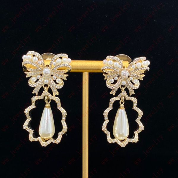 

luxury design bow embed zircon pearl pendant ladies charm earrings, designer earrings, weddings, brides, banquets, parties, christmas, Golden