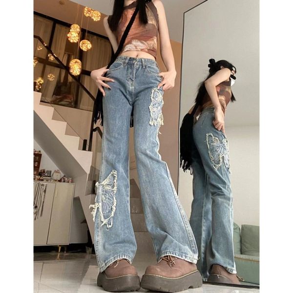 women's jeans vintage butterfly embroidered frayed patch micro flared fashion street slim high waist straight leg wide casual pants 230, Blue
women's jeans vintage butterfly embroidered frayed patch micro flared fashion street slim high waist straight leg wide casual pants 230, Blue